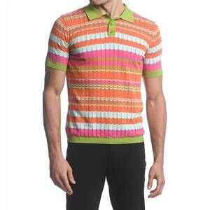 NEW POSTMARC chevron stripe 3-button knit polo shirt in citrus/orange/fuchsia